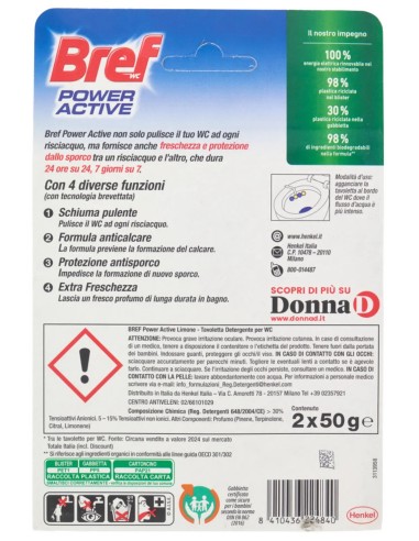 Bref Wc Power Activ - 2 Tavolette Wc Deodoranti 4 Funzioni Da 50g - Limone